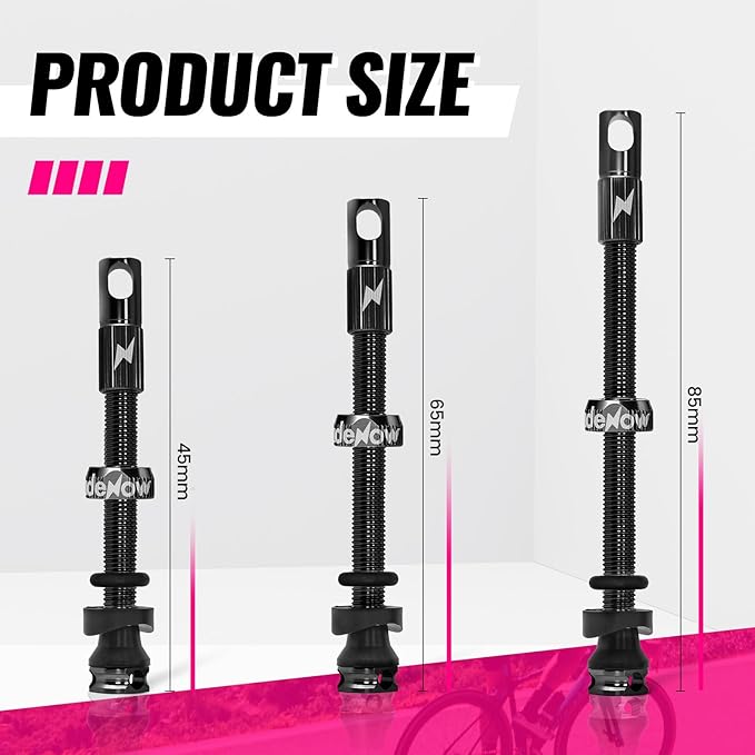 RideNow Tubeless Presta Valve Stems, 45mm Super Light Alloy Presta Tubeless Valve Stem Kit with Valve Core Remover Tool and Valve Stem Caps, Multiple Color and Size Options(Pair),Black
