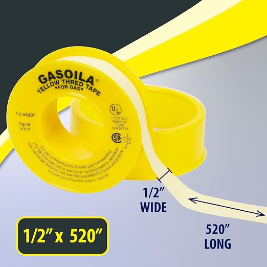 Gasoila Yellow PTFE Thread Seal Tape – Professional-Grade, 1/2 Inch x 520 Inch, High-Density Thread Tape for Gas Lines – Leak-Proof Seal, Non-Toxic