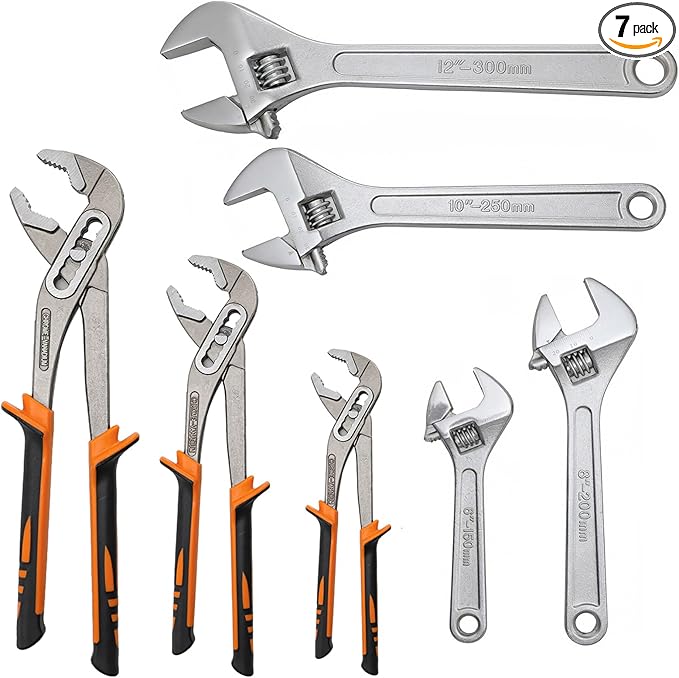 Yarlung 7 Pack Adjustable Water Pump Pliers and Wrench Set, 12/10/8 Inch Adjustable Tongue and Groove Joint Pliers, 12/10/8/6 Inch Wide Jaw Wrench for Plumbing, Gripping, Auto Home Repair