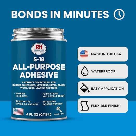 S-18 All-Purpose Adhesive, 4 oz. can - Multi-Purpose, Rubber, Metal, Leather, Felt, Wood, Neoprene, Glass, Flexible, Waterproof, Long Lasting - RH Adhesives