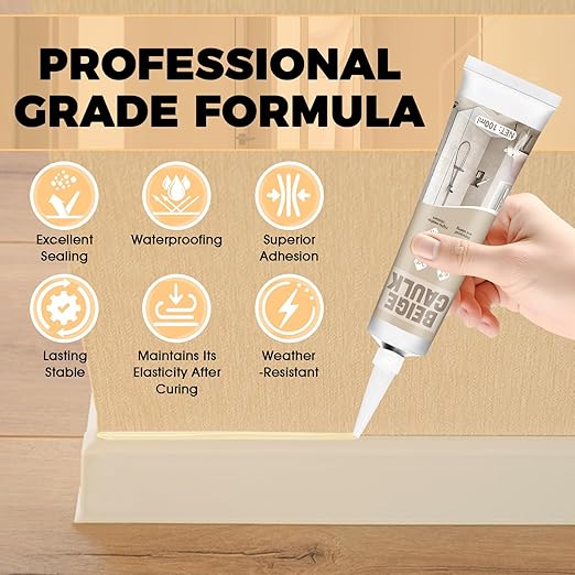 Beige Caulk, Silicone Caulk for Bathroom Shower Kitchen Tile Floor Sealing, Waterproof, Stronger Adhesion, Shrink & Crack Proof, with A Scraper for Applying Evenly, 100g