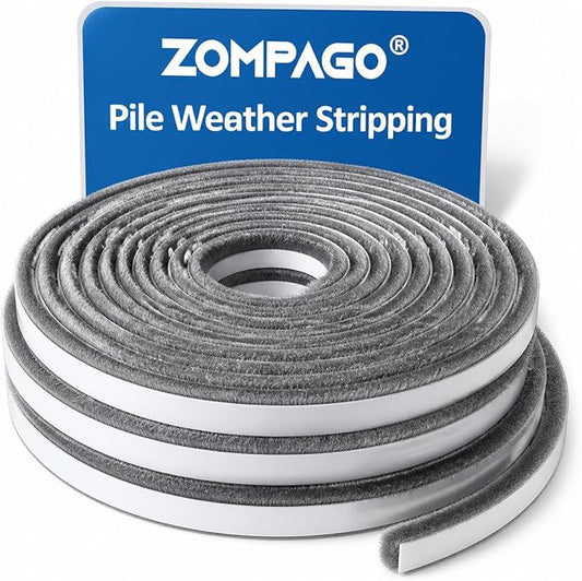 ZOMPAGO Brush Weather Stripping 0.9in(T) x 0.4in(W) x 33FT Grey Door Seal Strip for Door Frame, Sliding Glass Door Draft Stopper Window Soundproofing Bristle Door Sweep Weatherstripping