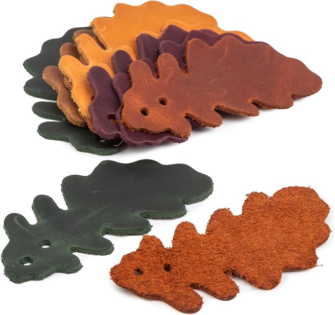 Set of 10 Leather Leaves Patches – 8x5 cm (3.14x1.96”) – Handmade Leather Labels – 1.6 mm Thick – Handmade Tags for Crochet - Leathers Tags - DIY Craft Appliques for Sewing, Repair & Decoration