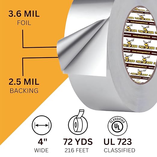 2 Pack Buck Aluminum Foil Tape – 4 Inch x 216ft (72 yd), 3.6 Mil – HVAC Tape for Ductwork, AC, Dryer Vents & Insulation – Silver Foil Tape for Metal Repair, Exhaust Sealing & Air Conditioning