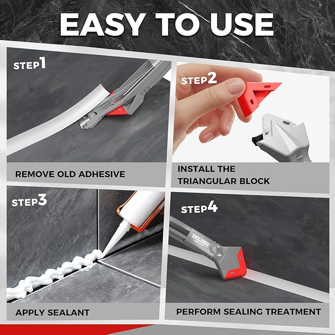 5 in 1 Caulking Tool with 5 Silicone Pads and 4 Glass Glue Corner Scrapers, Caulk Remover Tool with Replacement Blades and Unclogging Needle, Caulking Removal Tool for Kitchen Bathroom