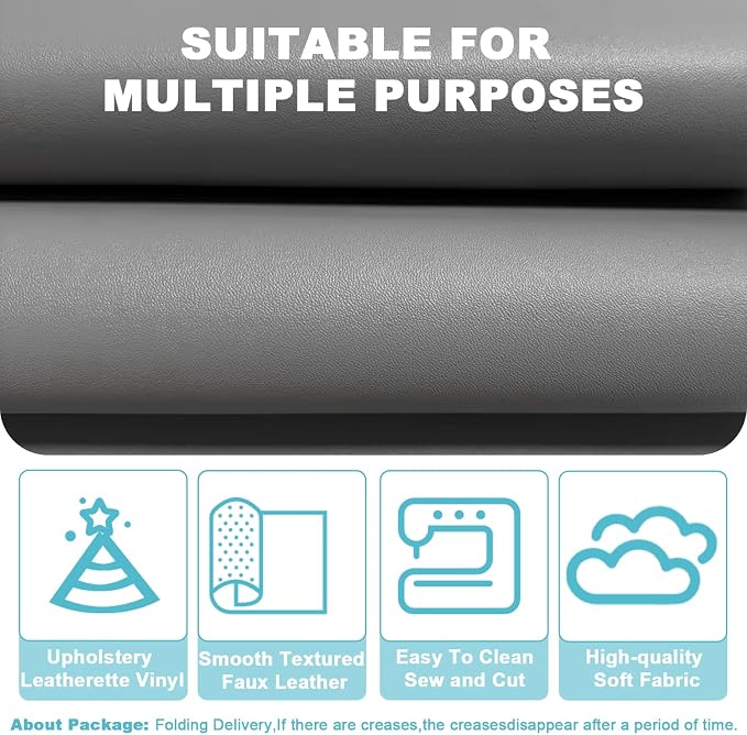 Gray Smooth Faux Leather Fabric 39"x54" - Solid Color Vinyl for Upholstery Restoration, Handbag Making, Sewing & DIY Home Decor