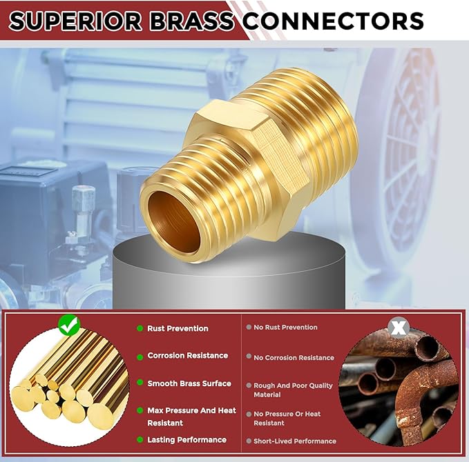 Pack of 3, 3/8" NPT Male to 1/4" NPT Male Solid Brass Hex Nipple Hose Connectors, Male Pipe Adapter for Pipe Leak Repair, Bathroom Remodeling, Tool Extensions, Compression