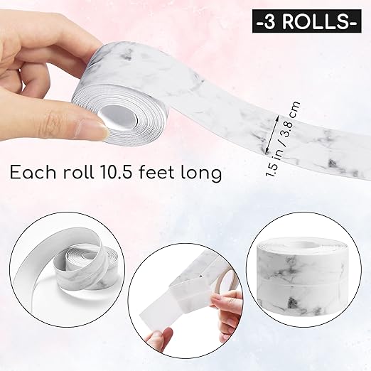 3 Rolls 10.5 Feet Caulk Tape Toilet Caulking Strip Self Adhesive Bathroom Sealing Peel and Stick Caulk Strip for Bathtub, 1.5 Inches (White Marble)