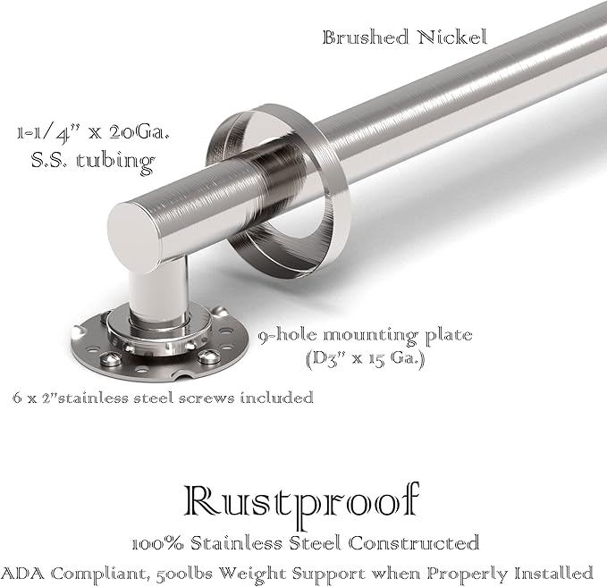 ADA Compliant Grab Bar,500lbs Weight Support for Bath Safety (24 inch, Brushed Nickel)