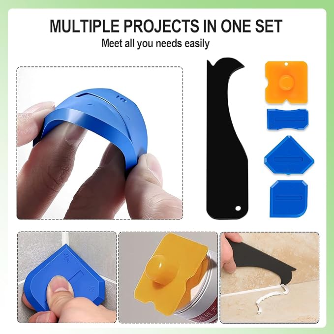 Silicone Caulking Tool Kit, 5 in 1 Sealant Finishing Tool with Stainless Steel Head, Putty Knife, 3 Glass Glue Corner Scrapers, Grout Removal Tool for Kitchen Bathroom Floor Window