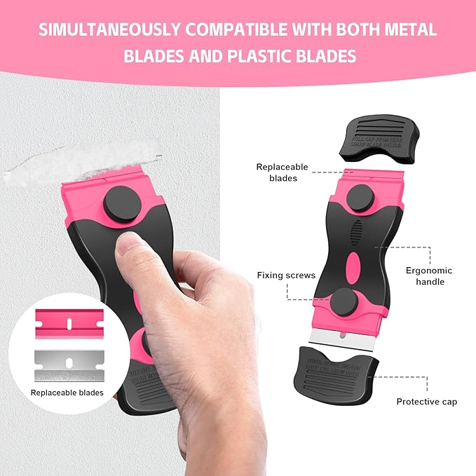 Ywmoml 3 Pack Razor Blade Scraper Set, Includes 30 Plastic & 30 Metal Blades, Multi-Purpose Tool for Glass, Cooktop, Sticker Removal, Paint & Gum Cleaning (Pink)