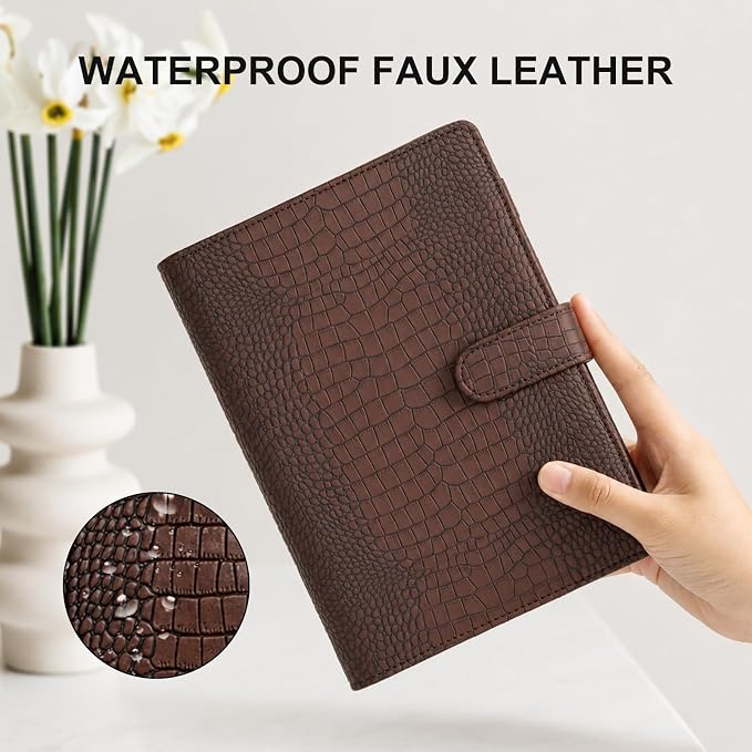 Convend A5/A6 Refillable 6 Ring Binder Cover, Crocodile-Embossed PU Leather with Magnetic Closure, Premium Look and Feel, Compatible with Standard Planner Inserts,(Brown)
