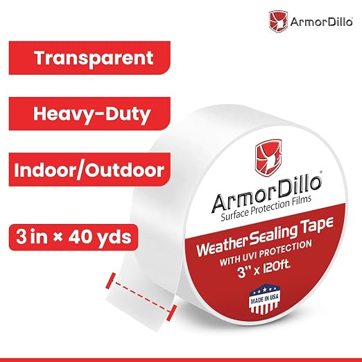 ArmorDillo Transparent Window Weather Sealing Tape, w Free Utility Knife, 3 inch X 120FT (40 YDS) - Clear Weather Stripping Tape, Draft Isolation & Insulation, No Residue, for Windows, Doors, AC & RV