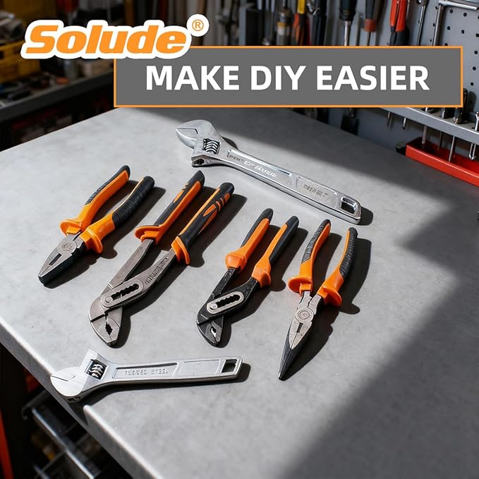 6-Piece Large Pilers and Wrench Set,8" & 10" Groove Joint Pliers,8" & 12" Adjustable Wrench with 8 Inch Long Nose and Lineman's Pliers for Home Use and DIY Project