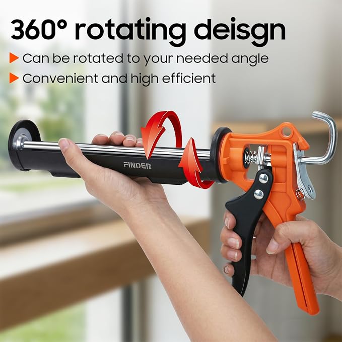 Finder 10 oz Caulking Gun, Standard Manual Caulk Gun for Silicone Sealant, Acrylic and Latex Cartridges, 360° Rotating Barrel, Smooth Pressure Control, 7.8 mm Push Rod, Hanging Hook, Gun Only