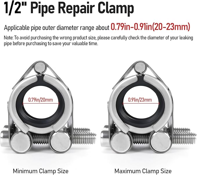 Upgraded Pipe Repair Clamp with M1 Self-Adhesive Leak-Sealing Tape | 304 Stainless Steel Rust-Proof Emergency Pipe Repair Kit for Plastic & Metal Pipes, 1/2"(20-23mm)