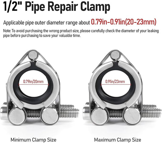 Upgraded Pipe Repair Clamp with M1 Self-Adhesive Leak-Sealing Tape | 304 Stainless Steel Rust-Proof Emergency Pipe Repair Kit for Plastic & Metal Pipes, 1/2"(20-23mm)