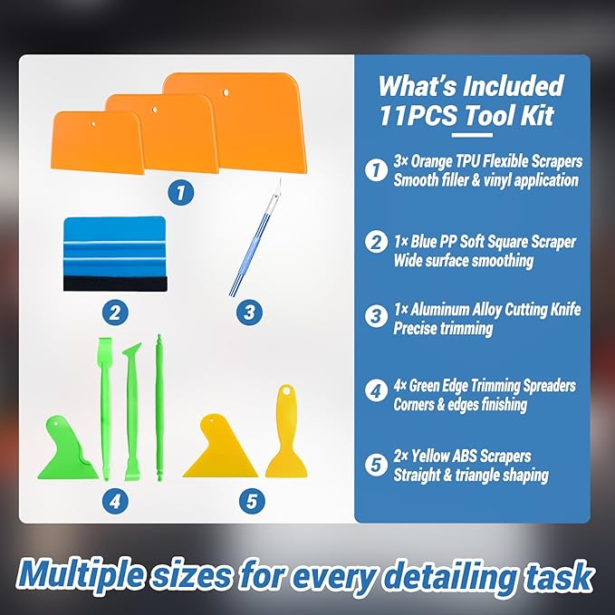 AZY 11PCS Auto Body Tool Set – Flexible Body Filler Spreader Tools, Plastic Putty Knife, Window Tint Kit & Tools, Multi-Size Squeegee for Car Wrap & Vinyl, Scratch-Free Design