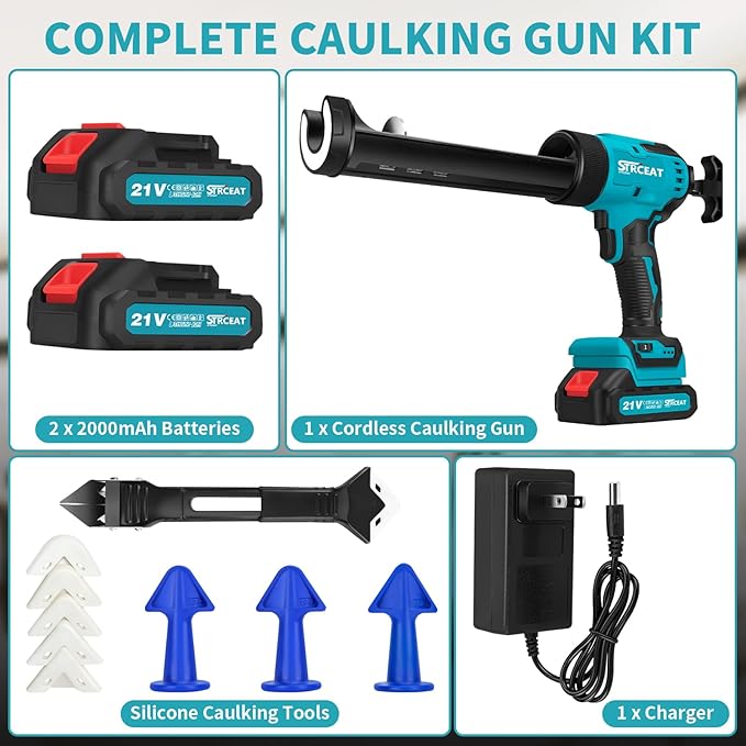 Cordless Caulking Gun, 21V Battery Powered Caulk Gun, Electric Caulking Gun w/2 x 2.0Ah Batteries, 9Pcs Caulk Remover Tool, LED Light, Auto Retract for Filling, Sealing
