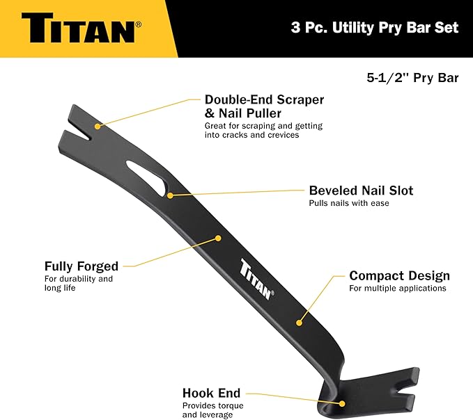 Titan 17121 3-Piece Flat Pry Bar set, 5.5", 7.5" & 9.5"Utility Claw Bars with Nail Puller, Forged Steel Wonder Bar