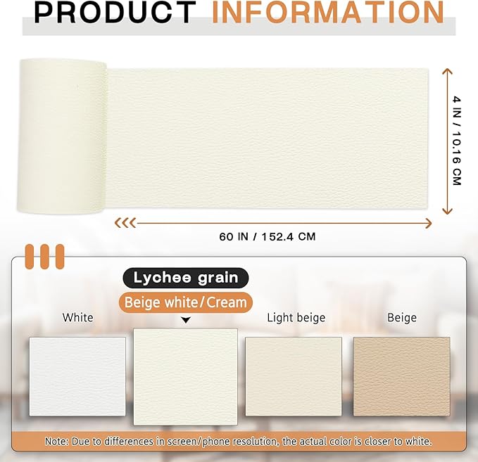 Leather Repair Patch, 4 x 63In Self Adhesive Leather Repair Tape for Furniture, Vinyl Repair Tape for Repairing Vinyl, Couch, Sofa, Car Seats, Car Interior (Beige White/Cream)