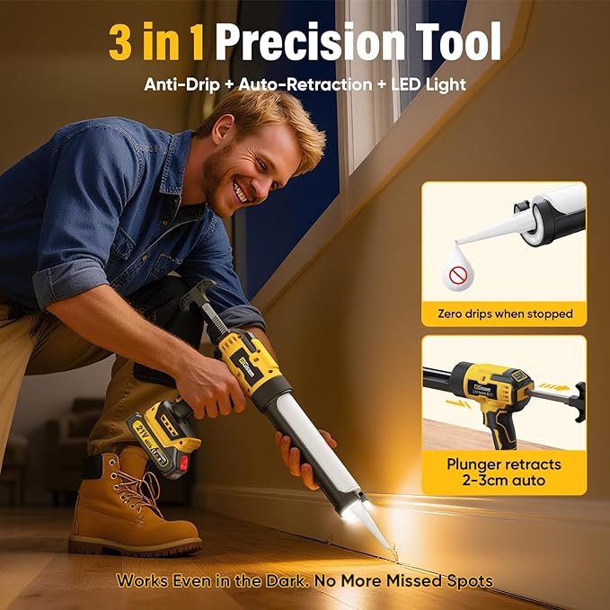 Electric Caulking Gun with 2 Batteries, 882LB Thrust, 32Pcs Cordless Caulking Tool, 6-Speed, Anti-Drip Auto-Retract, LED Light Caulk Gun for RV Sealing, DIY & Professional Use
