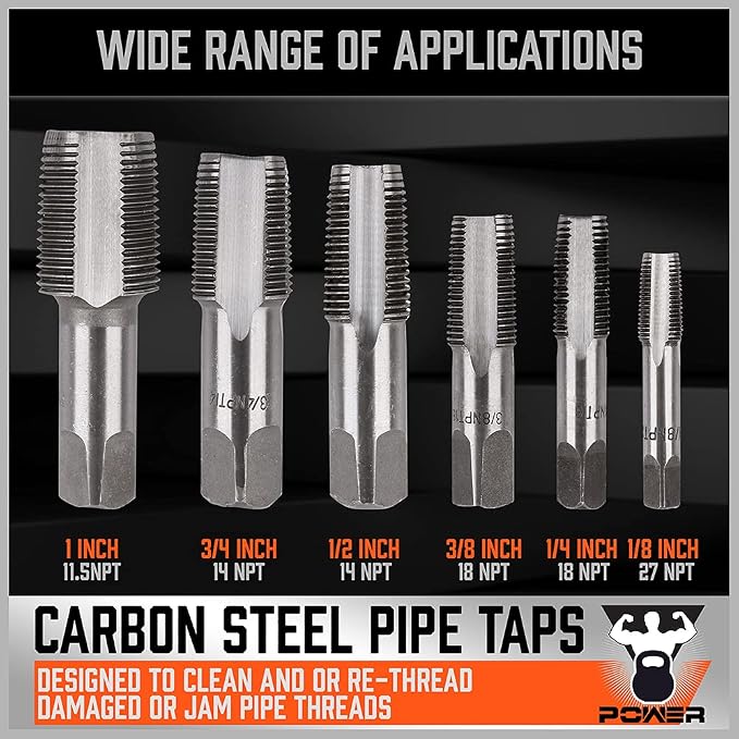 HORUSDY 6-Piece NPT Pipe Tap Set, Carbon Steel Threading Tool Kit for Pipe Taper Threads, Sizes 1/8", 1/4", 3/8", 1/2", 3/4" & 1", Durable Plumbing Tap Set with Storage Case