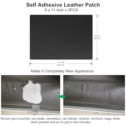 ILOFRI Leather Repair Patch 8x11 inch 2 Pcs, Durable Self Adhesive Vinyl and Leather Repair Kit for Couch, Car Seats, Boat Seat, Furniture, Upholstery, Auto Interior, Sofa, Chair - Dark Black