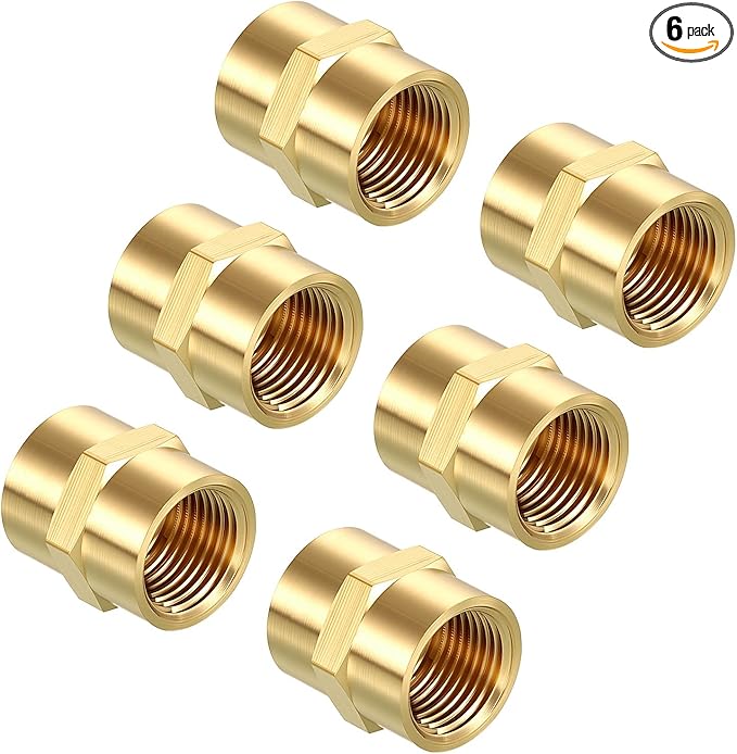 Pack of 6, 3/8" NPT FeMale to 3/8" NPT FeMale Solid Brass Pipe Fitting Coupler, Brass Coupling Hose Fittings Adapter for Pipe Leak Repair, Bathroom Remodeling, Tool Extensions