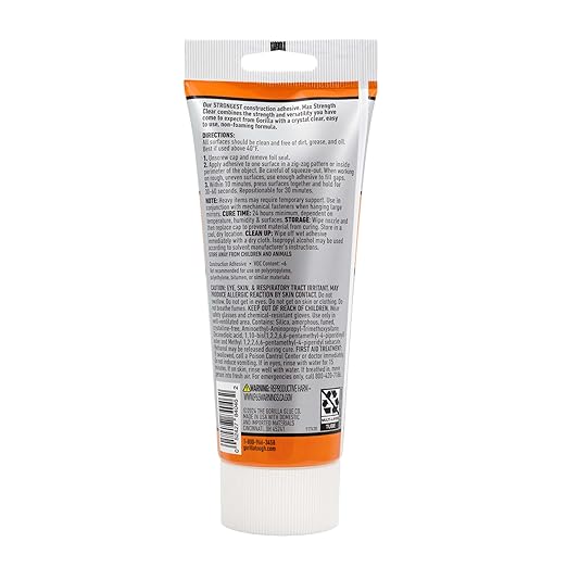 Gorilla Max Strength Construction Adhesive; Clear Glue; 7 Ounce Squeeze Tube (Pack of 1) - Gap Filling and Waterproof