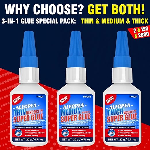 2/150/2000 CPS (Thin/Medium/Thick) CA Glue, Cyanoacrylate Super Glue Wood, Glass, Metal, Paper, Leather, Plastic, Ceramic, Rubber, Jewelry, Woodworking, Hobby Models, and Craft Project 60g(2oz)