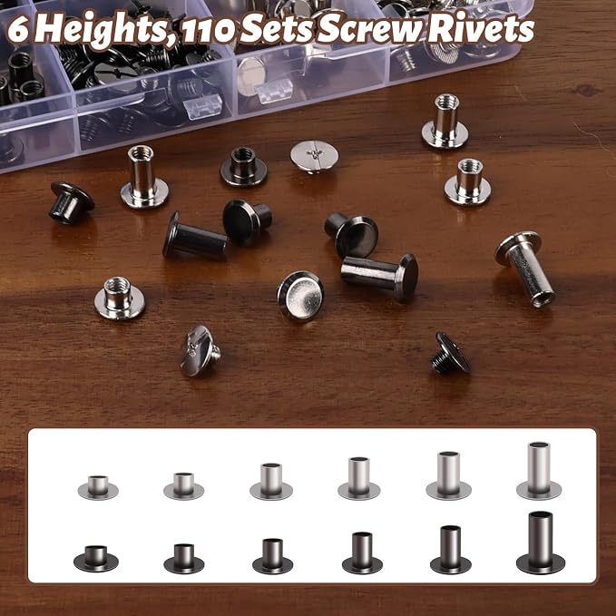 110 Sets Chicago Screws Leather Rivets, 6 Sizes (M5*4,5,6,8,10,12) Assorted Binding Screws with Rubber Hammer for Leather Craft, Belt, Bookbinding, DIY Fabric Clothing Repair (Black & Silver)
