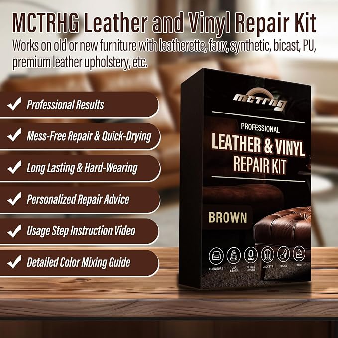 Leather & Vinyl Repair Kit for Couch, Furniture, Sofa, Chair, Car Seat | Brown Shades, No Skills Needed, for Cat Scratch, Tear, Crack, Hole on Faux Upholstery, Recliner, Purse, Shoes, Jacket, RV