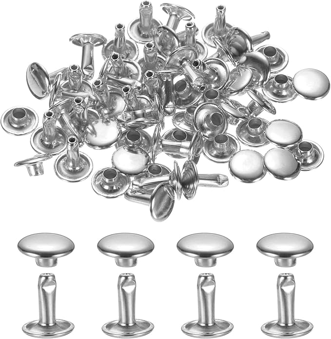 uxcell 120Set Leather Rivets, 7mm Double Cap Rivet Tubular Metal Studs Repairs Decoration Craft Accessories for Repair Decorate Leather Craft Belt Bag Shoes Purse Belts, Silver
