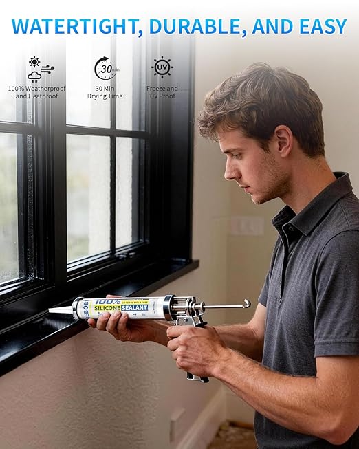 Black Silicone Caulk & Sealant, 100% Waterproof Silicone Caulking, Silicone Sealant Caulking for Kitchen, Bathroom, RV, Interior & Exterior Use, Shrink & Crack Proof, 10.2 FL. OZ/300ML, 1 Pack
