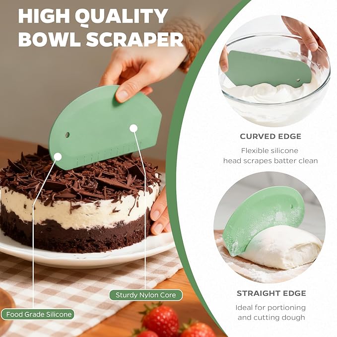 Bowl Scraper Dough Scraper Tool - Set of 2 Silicone Bench Scraper for Baking, Kitchen Pastry Scraper for Bread, Cake, Batter, cheese, Cream, Honey, Jam, Food Scraper with Curved Edge, Green & Grey