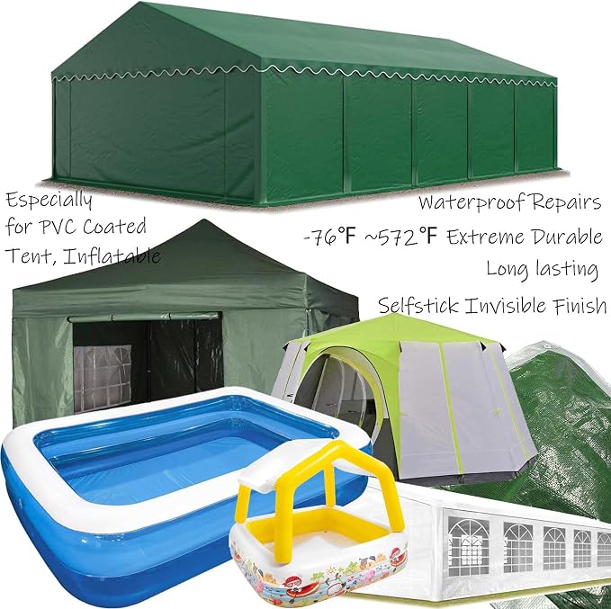 Waterproof Tent Repair Kit - PVC Coated Surface and Ultrastrong Sticky Clear Tape, Fabric Repair for Canvas, RV Awning etc.