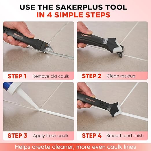 Sakerplus 3-in-1 Silicone Caulking Tools,Caulk Remover Tool and Caulk Finishing Tool Kit with Silicone Smoother,Nozzle Needle for Kitchen Bathroom Window Sink (Classic with Scraper)