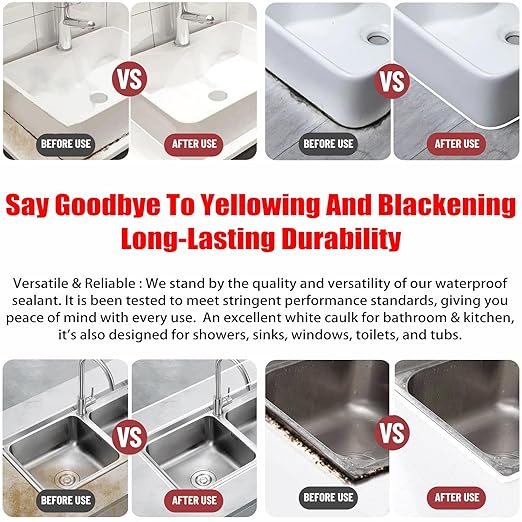 XIRUJNFD 10.6 Oz Multifunctional Waterproof White Caulk with Scraper, Plastic Steel Repair Adhesive for Kitchen Bathroom, Stronger Adhesion Sealant for Window Toilet Sink, Quick-Drying (2 Sets)