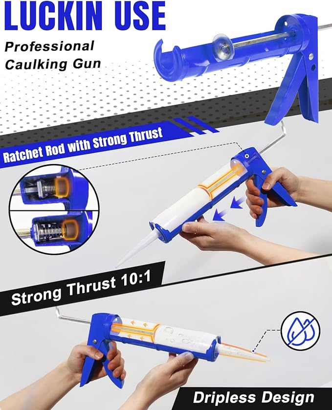 Holothurian Caulking Gun, Caulk Gun No Drip,Sealant Finishing Tool Grout Scraper for Kitchen Bathroom Window Sink Joint, 1/10 Gallon Cartridge, 10:1 Thrust Ratio, Blue