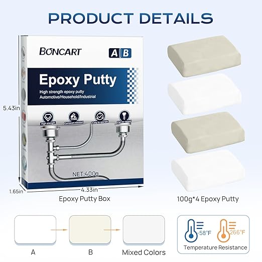 Boncart Epoxy Putty, Multi-Purpose 2-Part Epoxy Filler, Fast Repair Metal AB Putty, High Strength, Strong Adhesion, Compatible with Metal, Plastic, Ceramic, Stone and Wood (400g, White)