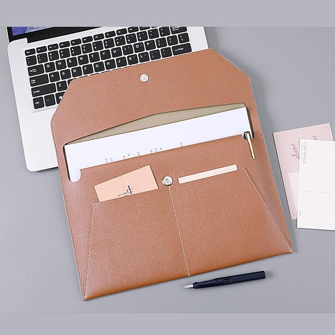 PU Leather A4 File Folder Document Holder with 3 Pockets Waterproof Stylish Envelope Folder Case with Snap Closure (Khaki)