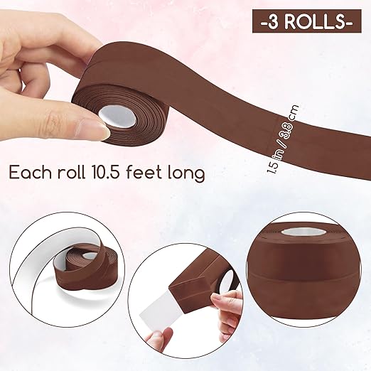 3 Rolls 10.5 Feet Caulk Tape Toilet Caulking Strip Self Adhesive Bathroom Sealing Peel and Stick Caulk Strip for Bathtub, 1.5 Inches (Brown)