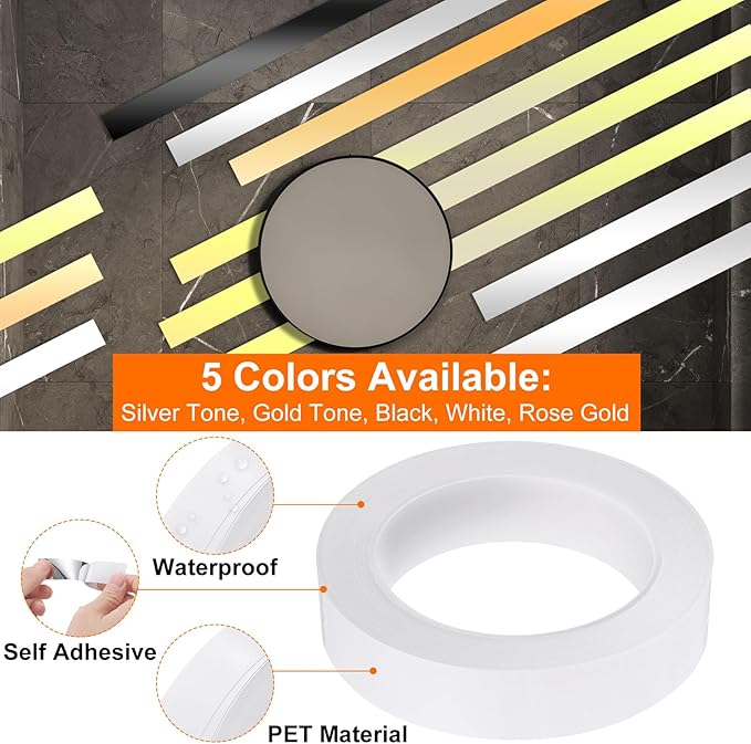HARFINGTON 2Pcs Floor Tiles White Foil Lines Metallic Mirror Tape 0.98" x82 Ft Ft Self Adhesive Decor Floor Wall Seam Sticker Waterproof Gap Sealing Tape for Kitchen Bathroom Cabinet