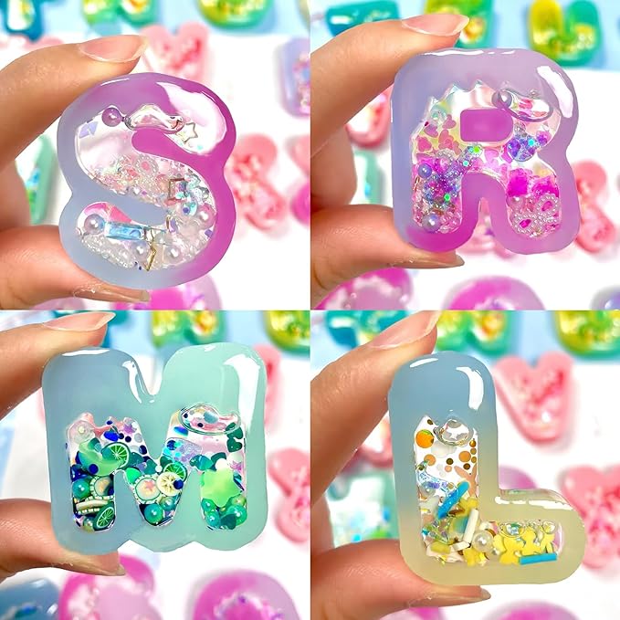 FUNSHOWCASE Alphabet Resin Shaker Molds Kawaii Keychain Charm Set Pack of 58 Silicone Trays Seal Films Precision Tip Applicator Bottle Kit Bundle