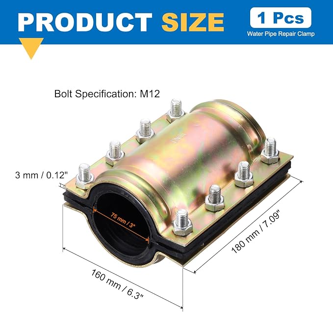 Water Pipe Repair Clamp, 7.09 Inch Length, 3 Inch ID Carbon Steel Leak Sealer Clamp, Leak Stoppers Pipe Repair Kit for 75mm OD PE PVC PPR Steel Iron Pipes