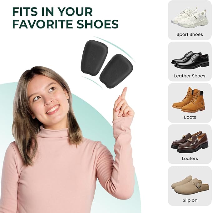 Shoe Tongue Pads for Men & Women - Welnove 2 Pairs Suede Memory Foam Shoe Padding Cushion Soft Self Adhesive Inserts Filler for Boots, Leather Shoes, Dress Shoes, Loafers (Black, Size S)