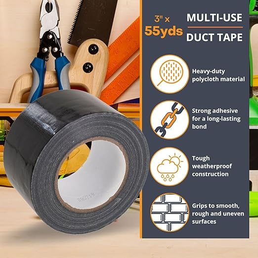 GTSE Wide Duct Tape, Black, 3 Inches x 55 Yards (164 ft), Heavy Duty, Waterproof Repair Tape for Indoor or Outdoor Use, 1 Roll