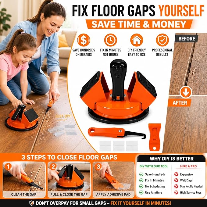Floor Gap Repair Tool Kit for Laminate & Vinyl Flooring – Heavy Duty Suction Cup Floor Gap Fixer with 45° Striking Surface, Slot Cutter, Cleaning Scraper & 6 Sticky Pads for Easy Floor Repair