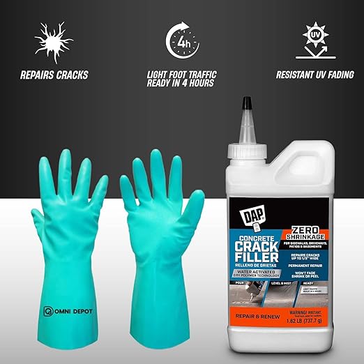 Fast Drying DAP - Concrete Crack Filler - 1.62 LBs - Permanently Fill Concrete, Stone, and Masonry Surfaces – Available with Omni Depot Chemical-Resistant Gloves